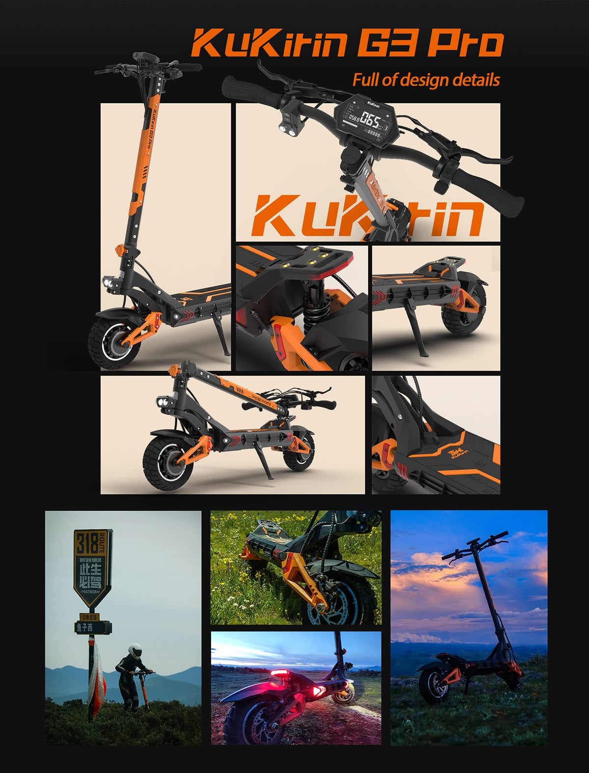 KuKirin G3 pro Folding Electric Scooter 2400W 52V 23.4AH 65km/h Max Range 80KM 10" Off-road Tires Front and rear Dual Motor