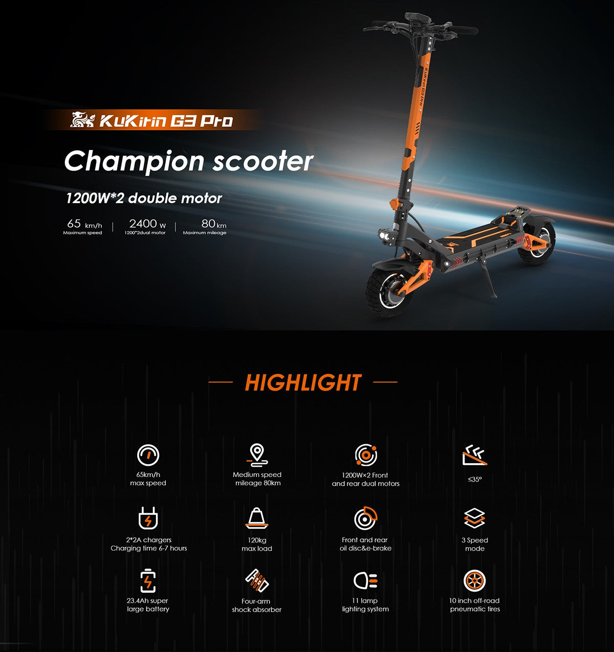 KuKirin G3 pro Folding Electric Scooter 2400W 52V 23.4AH 65km/h Max Range 80KM 10" Off-road Tires Front and rear Dual Motor