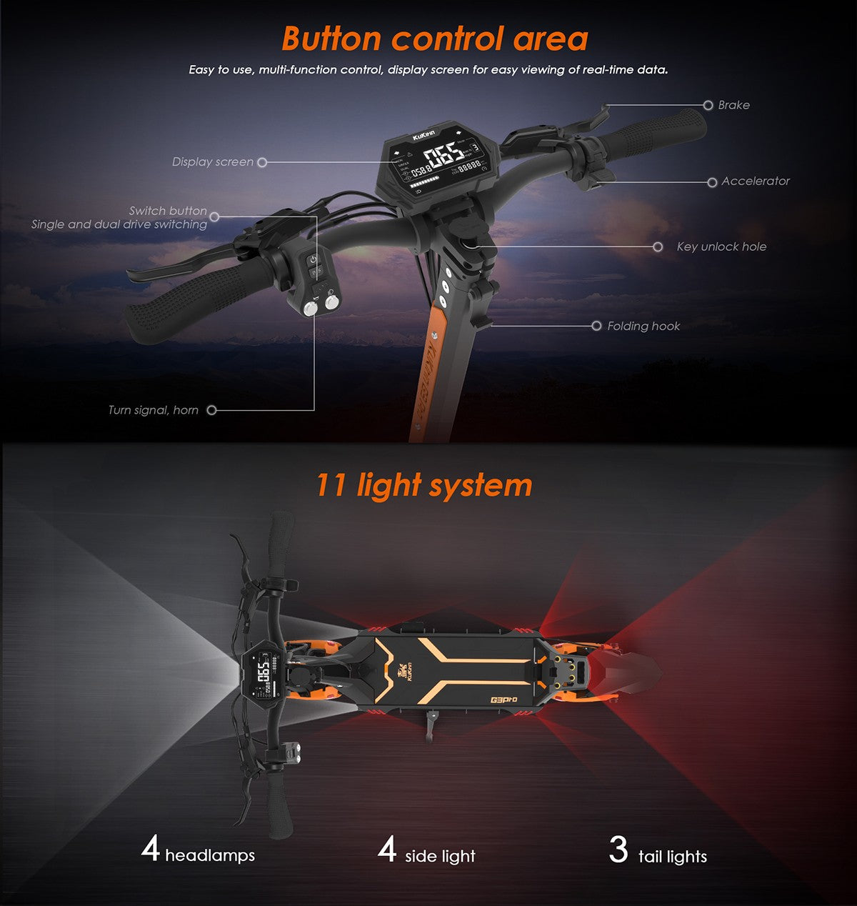 KuKirin G3 pro Folding Electric Scooter 2400W 52V 23.4AH 65km/h Max Range 80KM 10" Off-road Tires Front and rear Dual Motor
