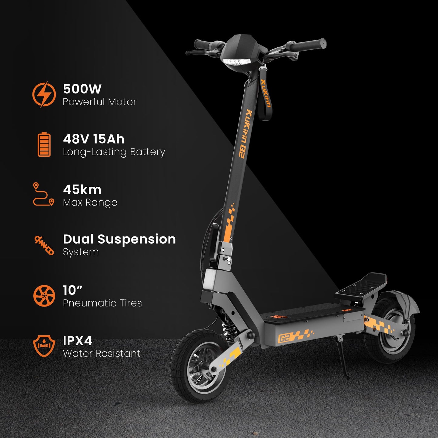 KuKirin G2 Electric scooter - 1200W 45KM/H Strong Motor Drive, 48V 15.6Ah Battery, Up to 55 km Range E Scooter, Dual Suspension, 10 Inch Pneumatic Tyres, LCD Display, IPX4, 3 Riding Modes, Foldable - For Everyday & Leisure