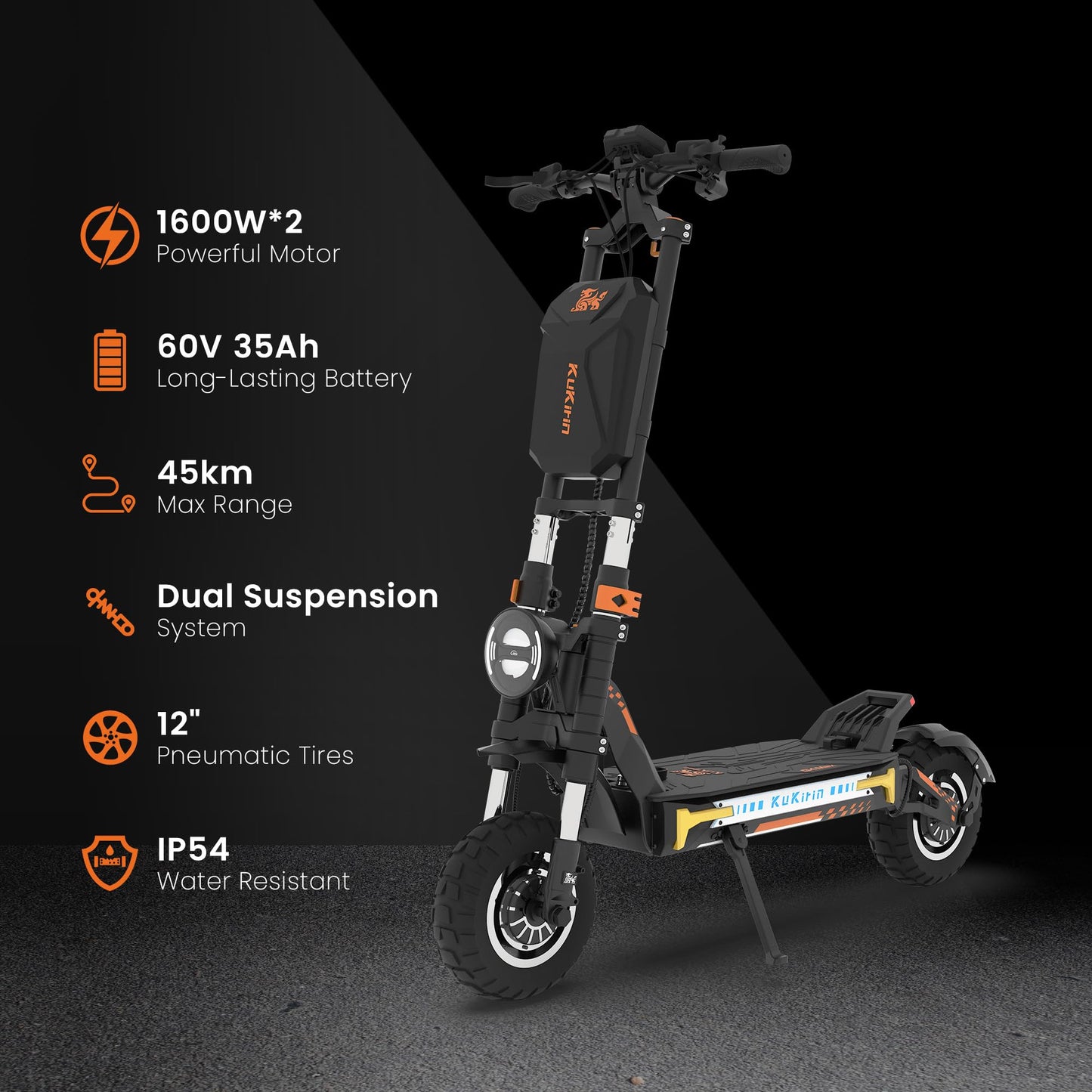 KuKirin G4 Max Folding Electric Scooter 4000W 60V 35AH 86km/h Mileage 95 km, 12'' Off-road pneumatic Tires Front and rear dual motors, hydraulic shock absorbers