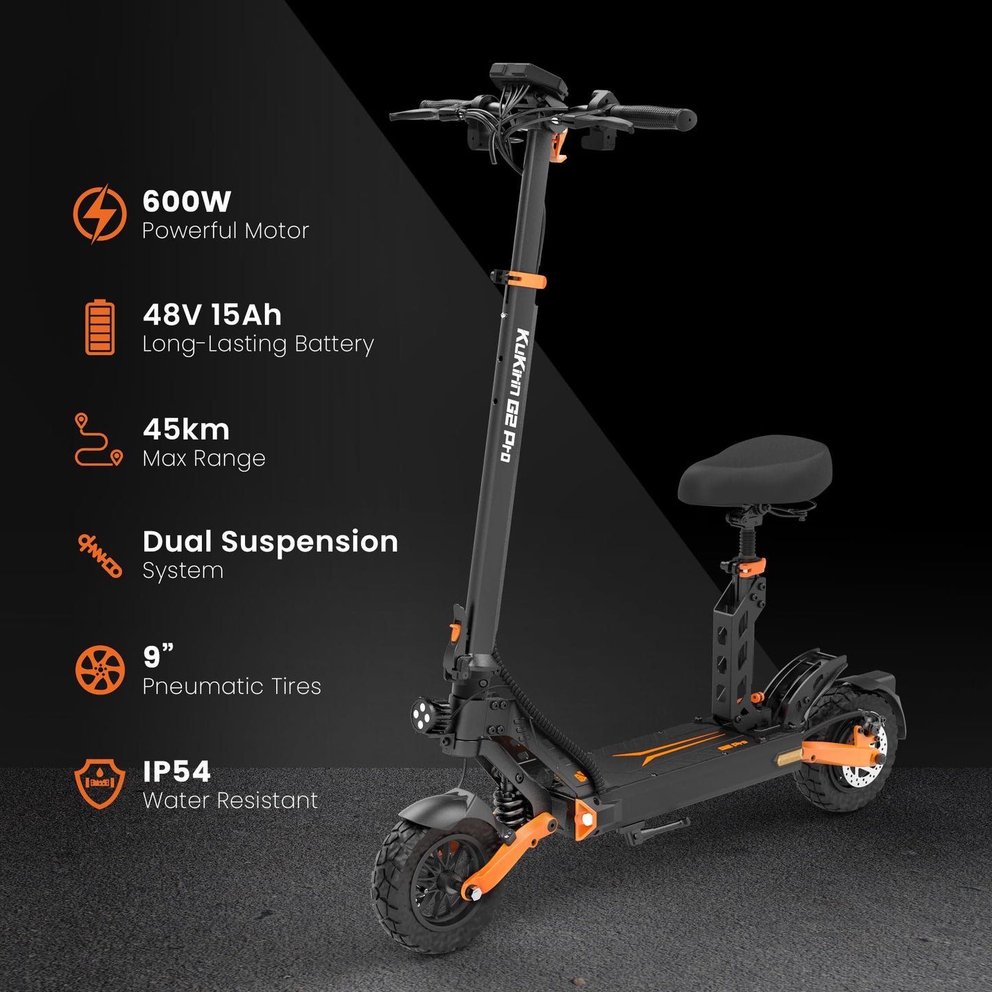 KuKirin G2 Pro Electric scooter, Strong Drive, 45KM/H 48V 15.6Ah 600W Battery, Up to 55 km Range, Dual Suspension E Scooter, 10 Inch Pneumatic Tyres, LCD Display, IPX4, Foldable - For Commuting and Leisure